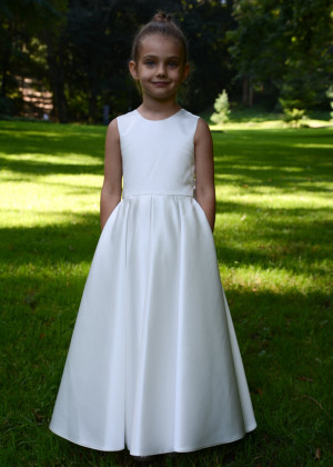 Ivory Satin Lace Pearl Buttons Back Classic Flower Girl Dress
